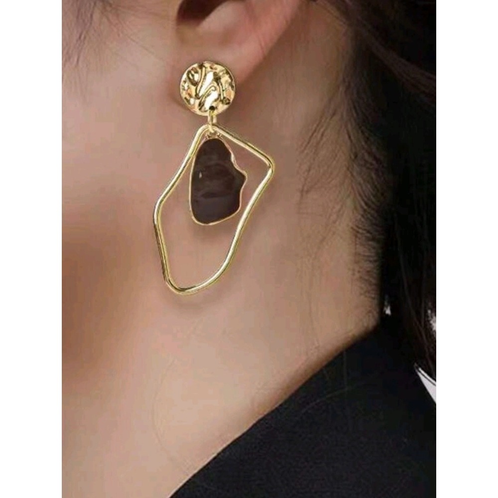 Gold Abstract Geometric Statement Drop Earrings Boho Asymmetrical Artsy - Picture 4 of 15